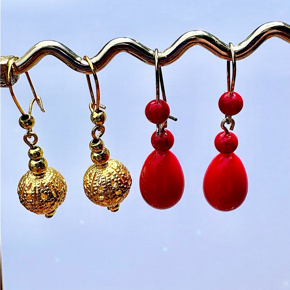 Earrings Pierced Handcrafted Unique Gold Filigree Bead 4 gold beads & 3 Red Bead
